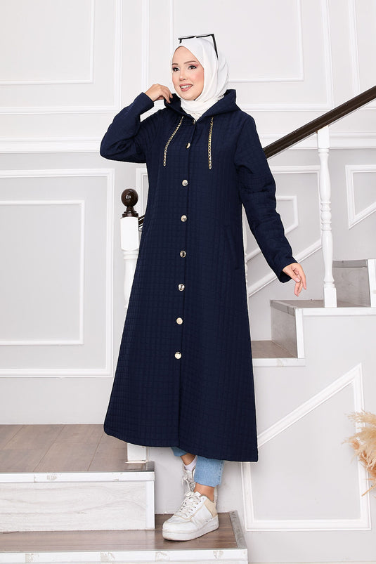 Kapüşonlu Ve Cep Detaylı Kapitone Kap Lacivert