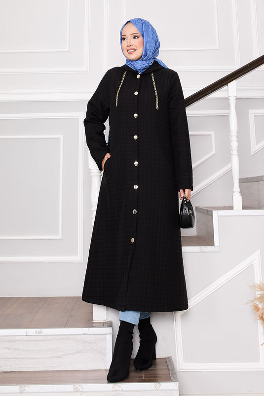 معطف مبطن بغطاء رأس وتفاصيل جيوب، أسود