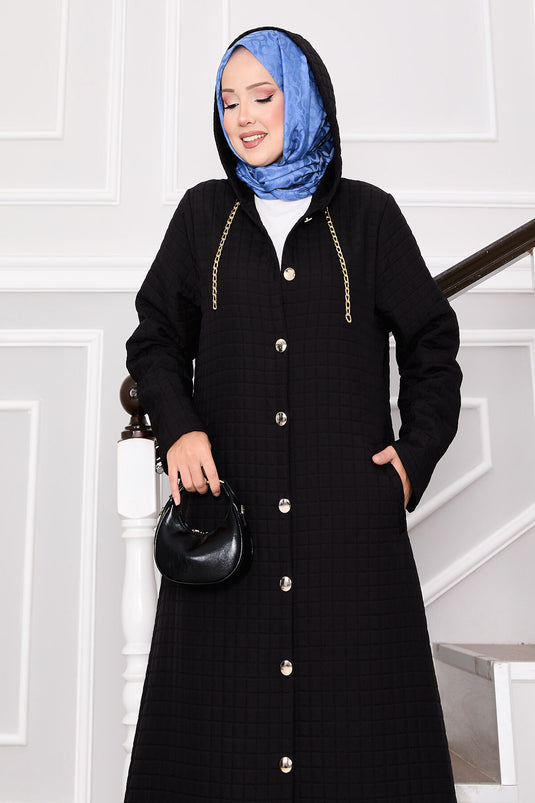 Steppmantel mit Kapuze und Taschendetails, Schwarz