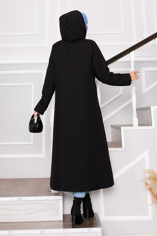 معطف مبطن بغطاء رأس وتفاصيل جيوب، أسود
