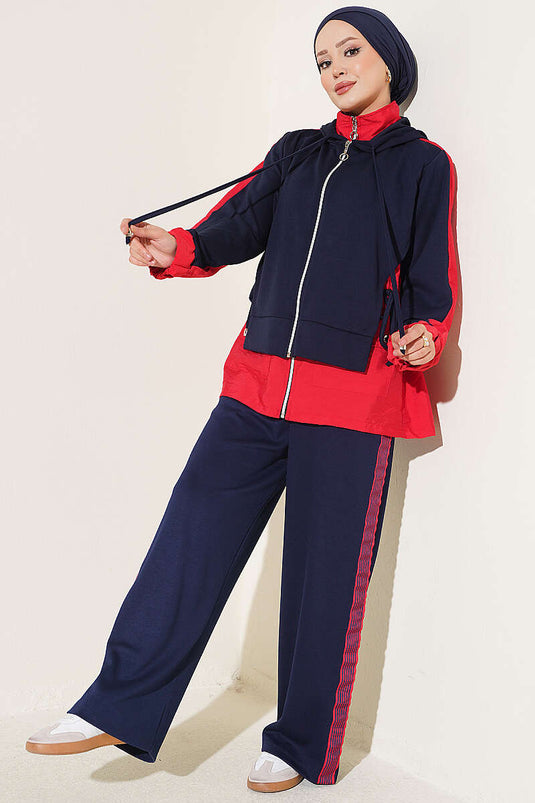 Ensemble Deux Pièces À Capuche Et Col En Maille Bleu Marine Et Rouge
