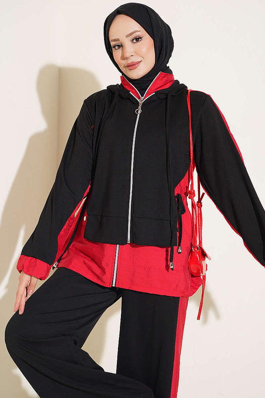 Conjunto De Dos Piezas Con Capucha Y Cuello De Punto Negro Rojo