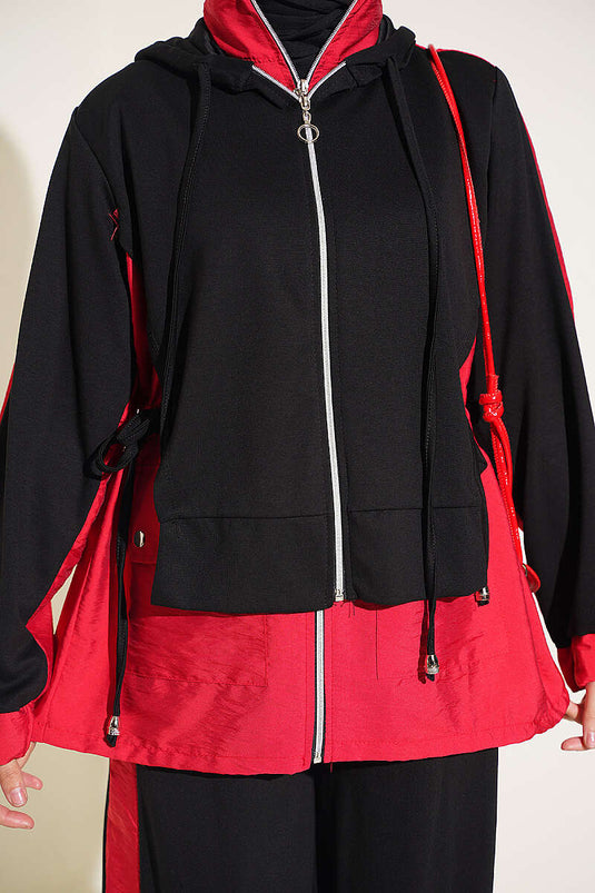 Conjunto De Dos Piezas Con Capucha Y Cuello De Punto Negro Rojo