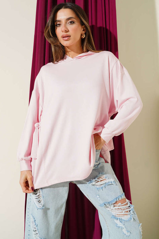 Kapüşonlu Yan Bağlamalı Sweatshirt Pembe