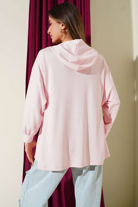 Kapüşonlu Yan Bağlamalı Sweatshirt Pembe