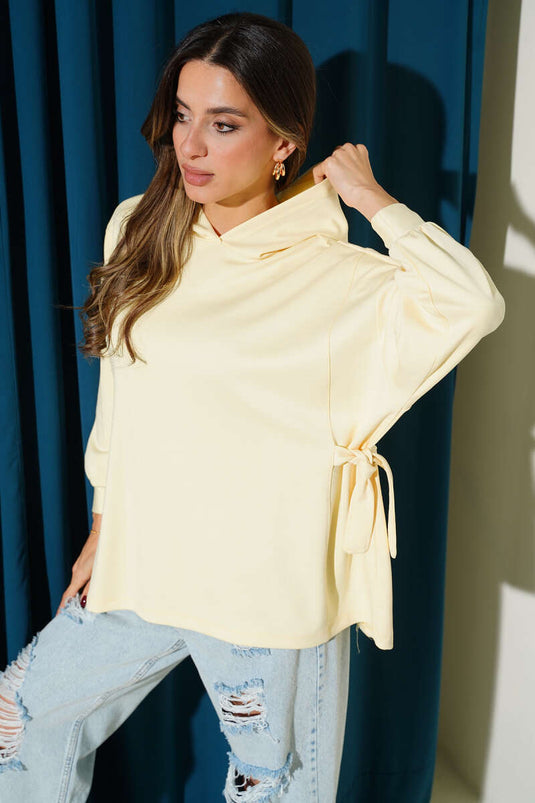Kapüşonlu Yan Bağlamalı Sweatshirt Sarı