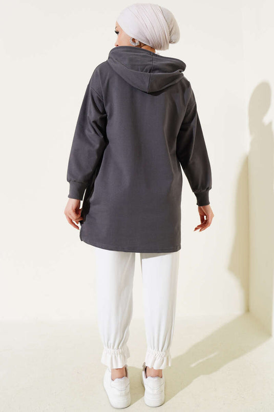 Tunique imprimée à capuche et demi-zip, couleur fumée