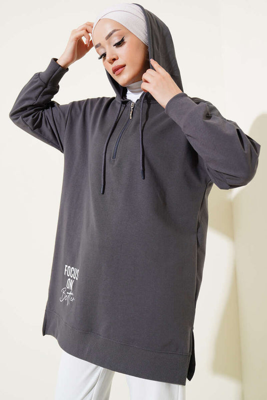 Tunique imprimée à capuche et demi-zip, couleur fumée