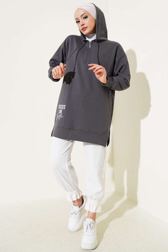 Tunique imprimée à demi-fermeture éclair avec capuche, couleur fumée