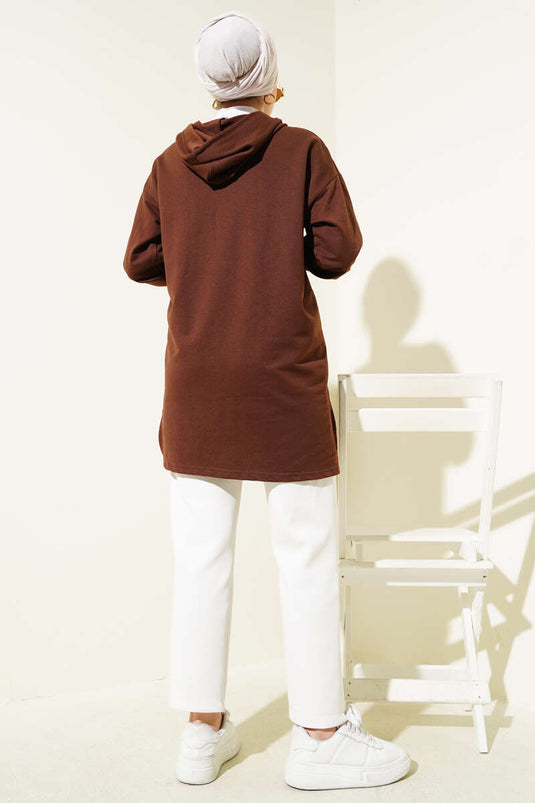 تونيك مطبوع بغطاء رأس وسحاب نصفي، بني