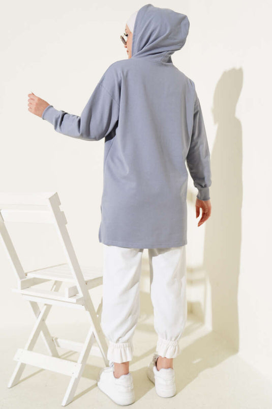 Tunique imprimée à capuche et demi-zip, gris ardoise