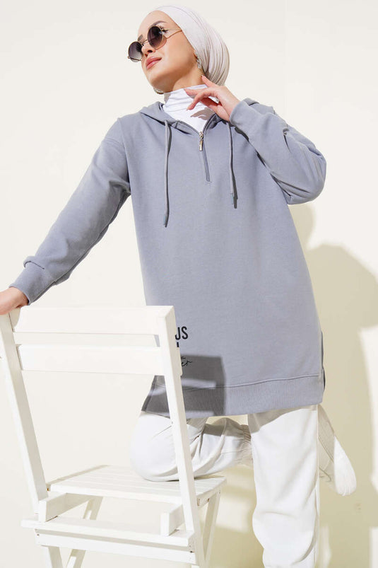 Tunique imprimée à capuche et demi-zip, gris ardoise