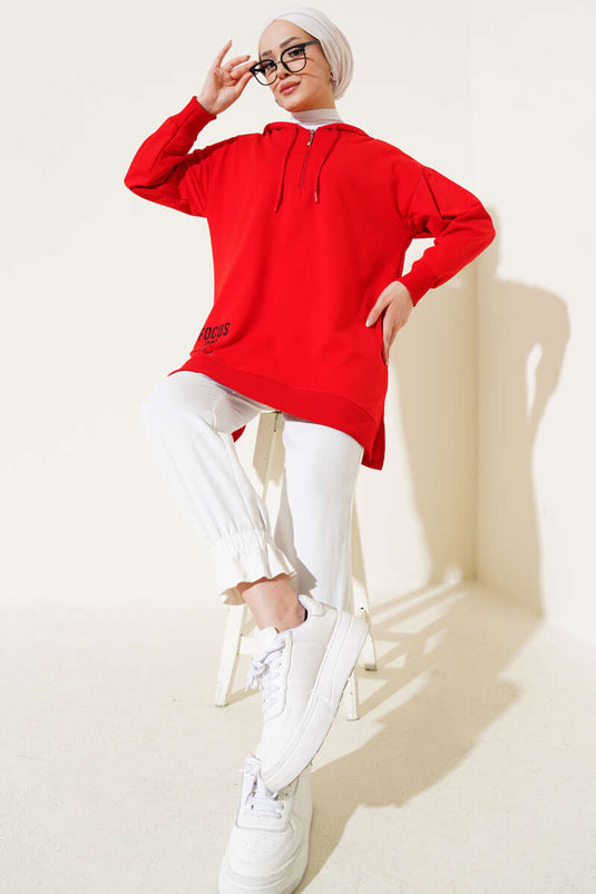 Tunique rouge imprimée à capuche et demi-zip