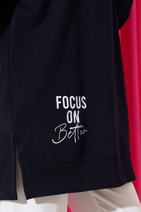 Tunika con cappuccio, mezza cerniera e stampa, blu scuro