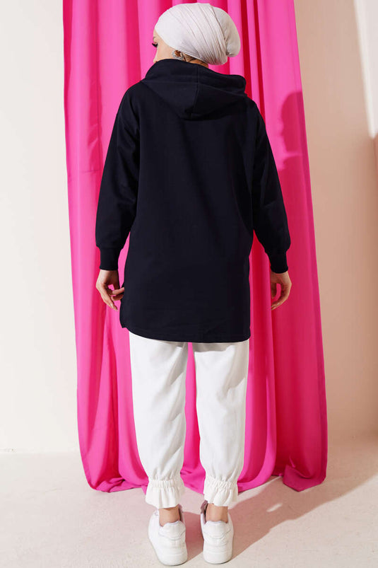 Tunique imprimée à demi-fermeture éclair avec capuche bleu marine