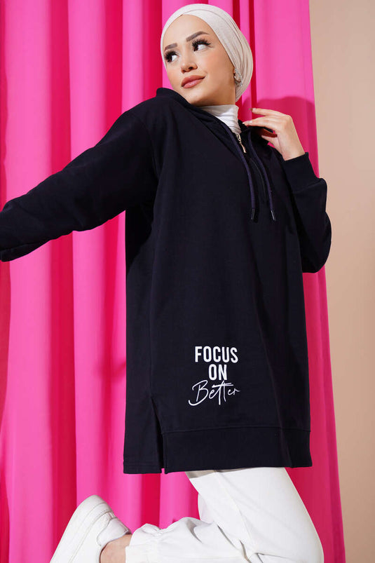 Tunika con cappuccio, mezza cerniera e stampa, blu scuro