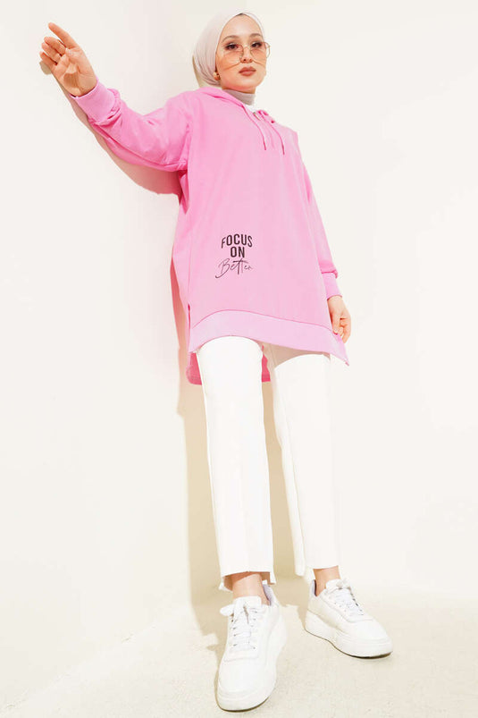 Hooded Half Zipper Printed Tunic Pink