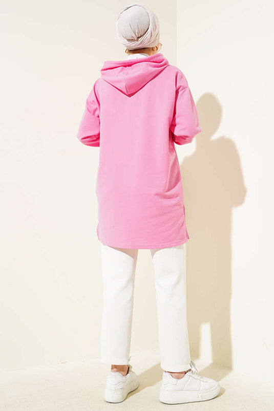 Hooded Half Zipper Printed Tunic Pink