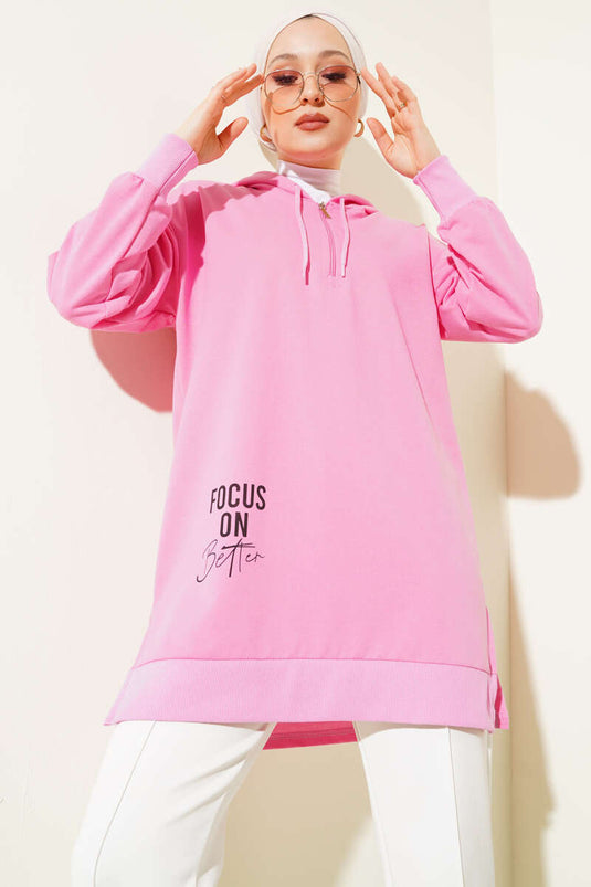 Hooded Half Zipper Printed Tunic Pink