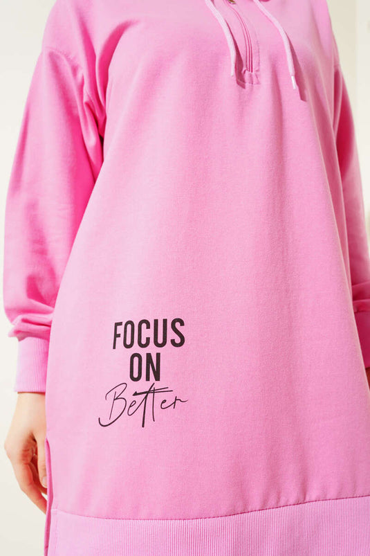Hooded Half Zipper Printed Tunic Pink