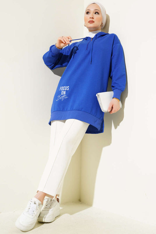 Hooded Half Zipper Printed Tunic Saxe