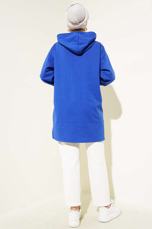 Hooded Half Zipper Printed Tunic Saxe