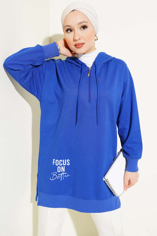 Hooded Half Zipper Printed Tunic Saxe