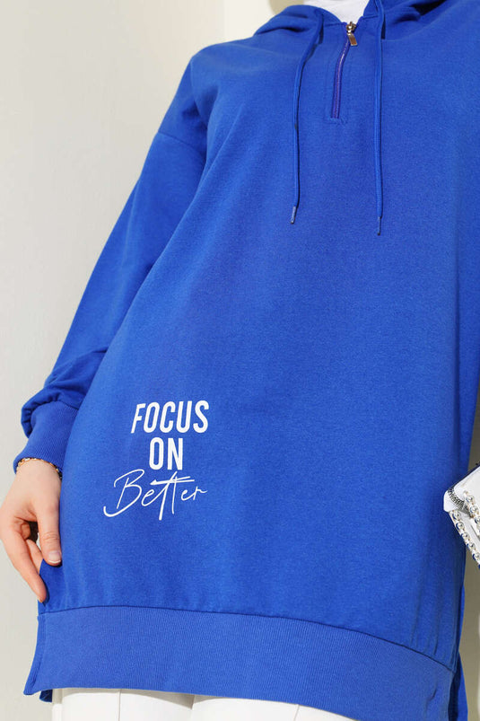 Hooded Half Zipper Printed Tunic Saxe