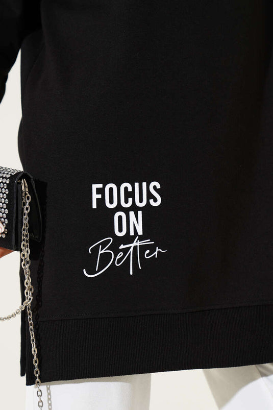 Hooded Half Zipper Printed Tunic Black