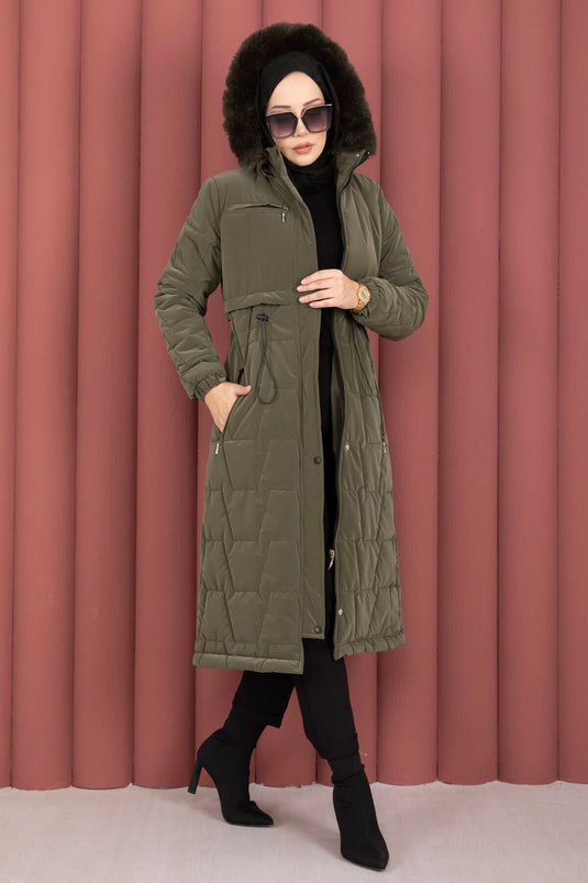 Nova Coat with Fur-Lined Hood and Zipper, Khaki