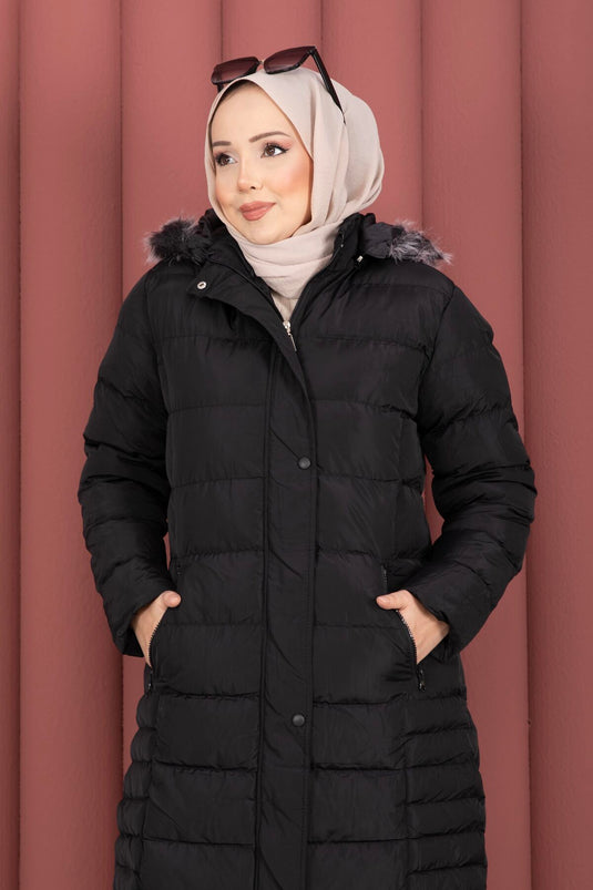 معطف مبطن مبطن بغطاء رأس فرو بسحاب أسود