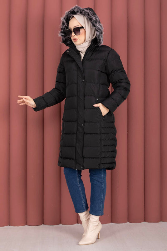 معطف مبطن مبطن بغطاء رأس فرو بسحاب أسود