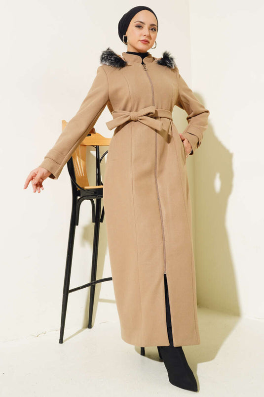 Beige Long Wool Coat with Fur Hood and Zipper