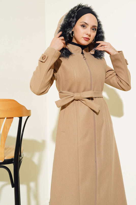 Beige Long Wool Coat with Fur Hood and Zipper