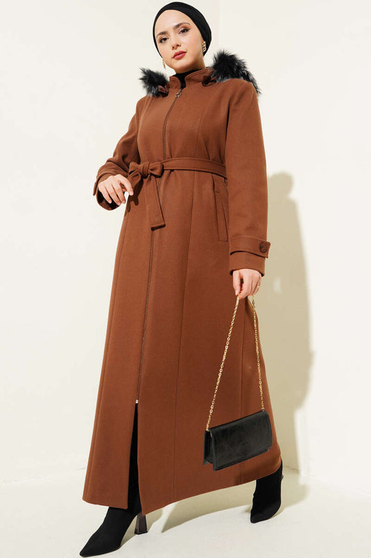 Hooded Fur Lined Zippered Long Wool Coat Brown
