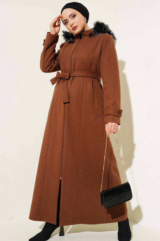 Hooded Fur Lined Zippered Long Wool Coat Brown