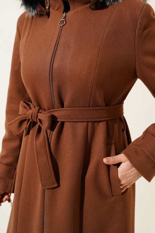 Hooded Fur Lined Zippered Long Wool Coat Brown