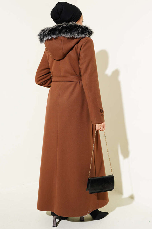 Hooded Fur Lined Zippered Long Wool Coat Brown