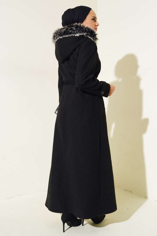 Hooded Fur Lined Zippered Long Wool Coat Black