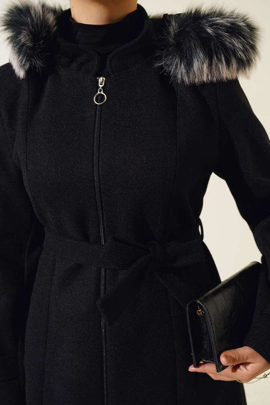 Hooded Fur Lined Zippered Long Wool Coat Black