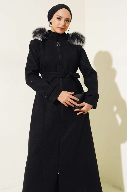 Hooded Fur Lined Zippered Long Wool Coat Black