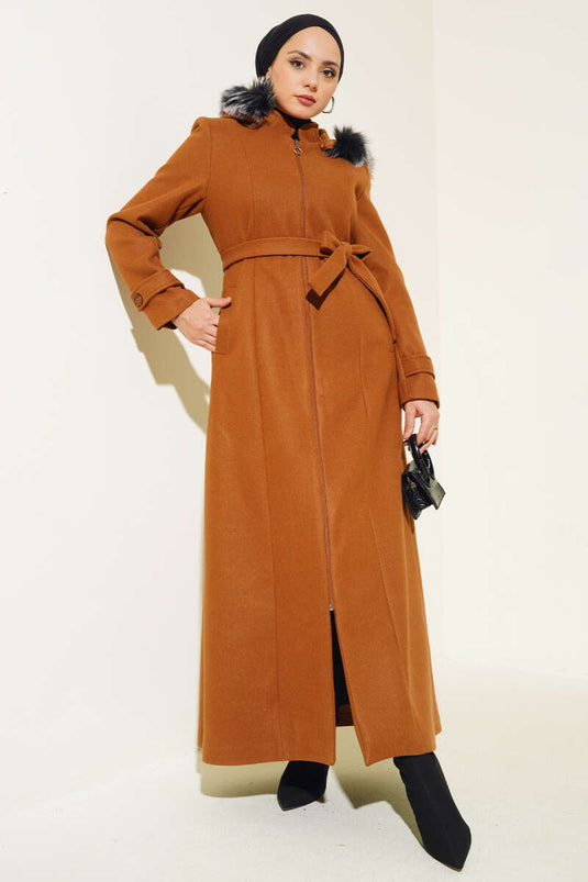 Hooded Fur Lined Zippered Long Overcoat Tan