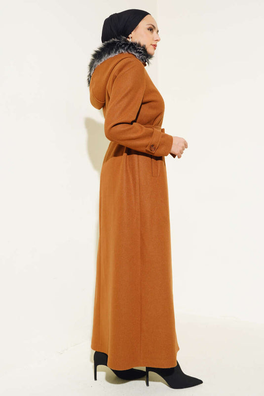 Hooded Fur Lined Zippered Long Overcoat Tan