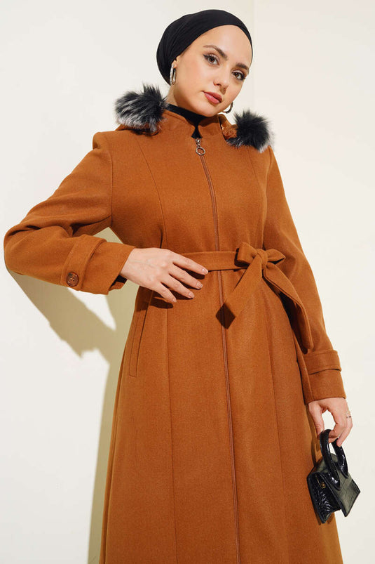 Hooded Fur Lined Zippered Long Overcoat Tan