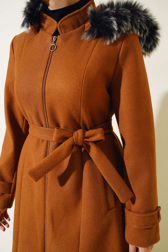 Hooded Fur Lined Zippered Long Overcoat Tan