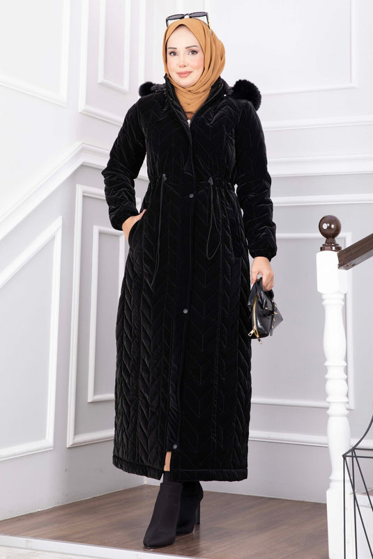 Hooded Fur Zippered Long Nova Coat In Black