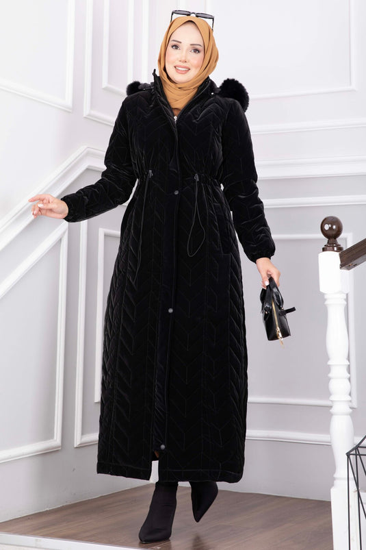 Hooded Fur Zippered Long Nova Coat In Black