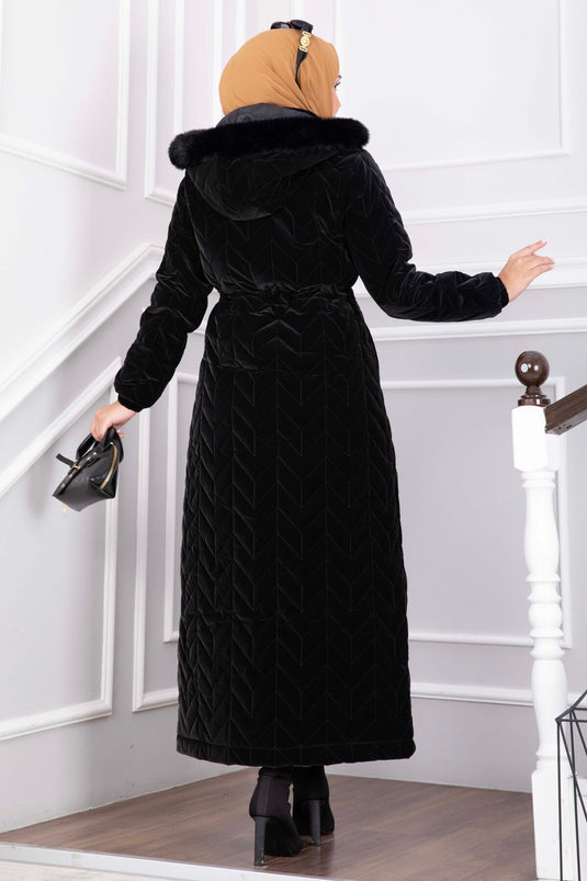 Hooded Fur Zippered Long Nova Coat In Black