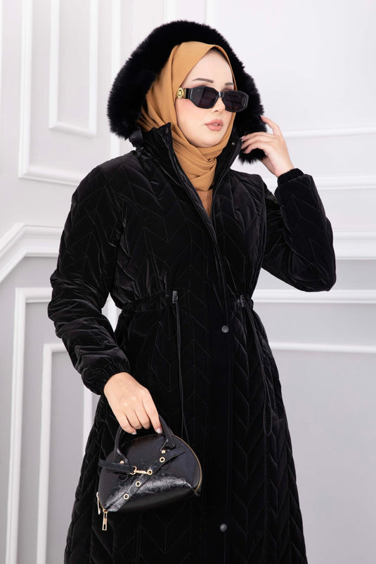 Hooded Fur Zippered Long Nova Coat In Black
