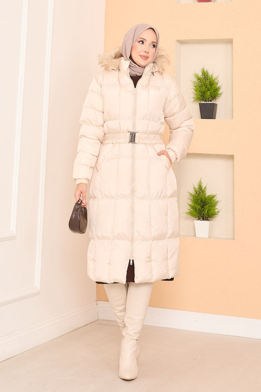 Fur Hooded Removable Belted Puffer Coat Beige
